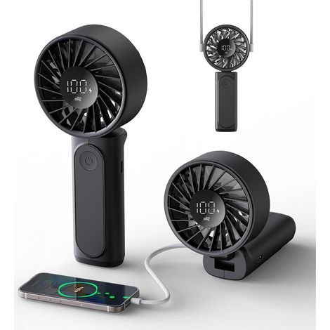 Ventilateur portable, rechargeable 4000 mAh, mini ventilateur de bureau pliable à 180° avec 6 vitesses de vent, écran numérique LCD, cordon de cou, ultra silencieux, format de poche pour