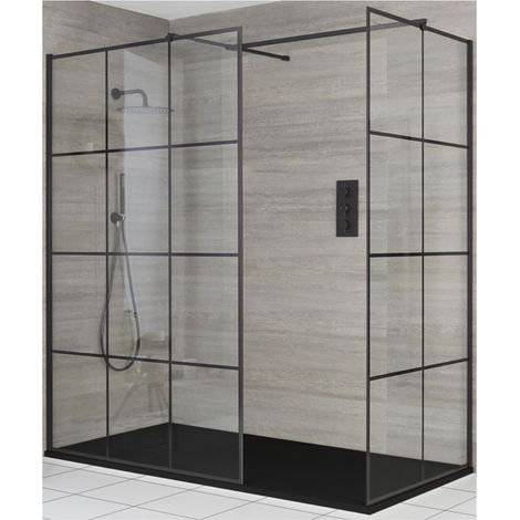 Milano Barq Black Corner Walk In Wet Room Shower Enclosure with Grid Pattern Screens  Support Arms and Graphite Slate Effect Tray - 1800mm x 900mm (1/5)