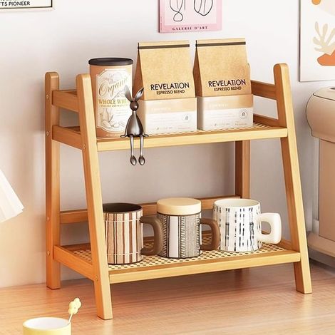 Organisateur de cuisine, 2 couches, blanc crème, moderne, debout, en rotin, décoration de cuisine, étagère à épices en bambou, pour plan de travail, cuisine, bureau, buanderie (1/5)