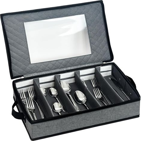 Range Couverts pour Tiroir Avec Couvercle, Boîte de Rangement Couverts de Cuisine Compartiments Réglables, Rangement Cuisine Pour Camping, Voyage, Cuisine, Gris