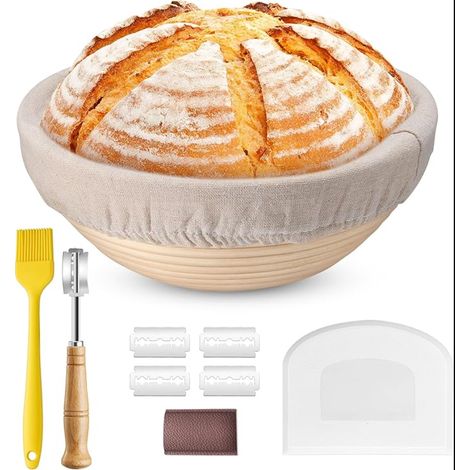 Panier de fermentation rond avec doublure, couteau à boulanger, spatule et pinceau à pâtisserie, corbeille à pain au levain, accessoires de cuisson pour boulangers domestiques et (1/5)