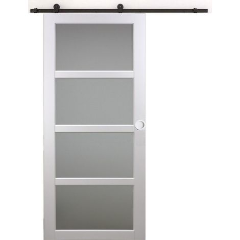 Porte Coulissante Tana Blanc Vitrée H204 X L63 Cm, Rail Roulettes, Coquilles Blanc Gd Menuiseries
