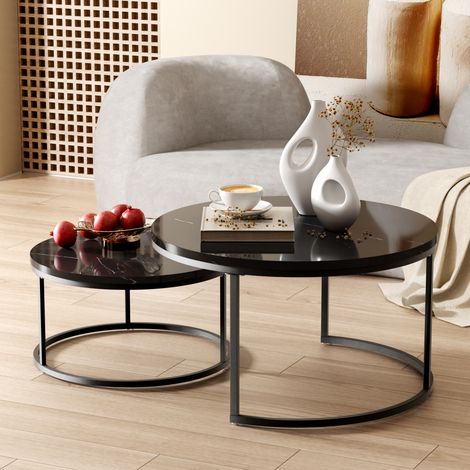 Tavolini annidabili in MDF nero effetto marmo con struttura in metallo, set 2 pezzi, 80 cm e 60 cm (1/5)