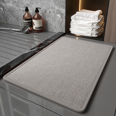 Grand tapis absorbant en lin 60x90 cm motif tressé gris, bord surjeté, antidérapant pour entrée de salle de bain (1/4)