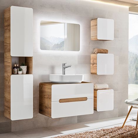 Badmöbelset in Hochglanz weiß mit Wotan Eiche Nb. LUTON-56 Keramik-Aufsatzbecken B/H/T ca. 180/200/46 cm (1/5)