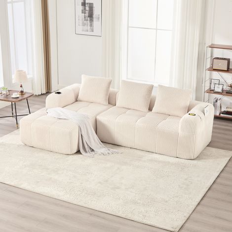Diván modular compacto de tejido de pana beige con bolsillos laterales, portavasos y 3 cojines (1/5)