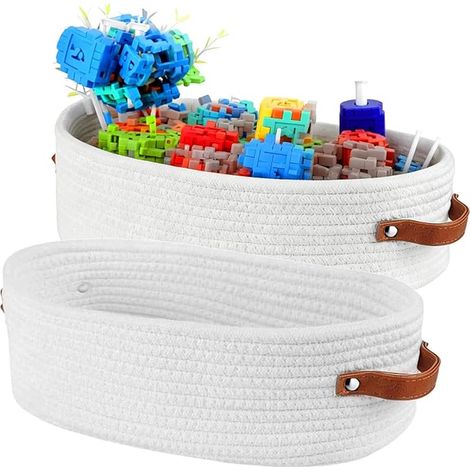 Panier Tressé, 28 x 10 x 10 cm Panier de Rangement avec Poignée, Boite Rangement Salle de Bain Corde en Coton, Paniers en Corde de Coton Blanc, pour Salle Bain, Salon, Chambre (1/5)
