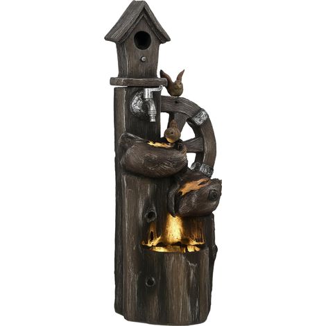 Fontaine cascade 2 en 1 avec nichoir, lumières LED et pompe - Élément décoratif de jardin avec bûches multicolores (1/5)