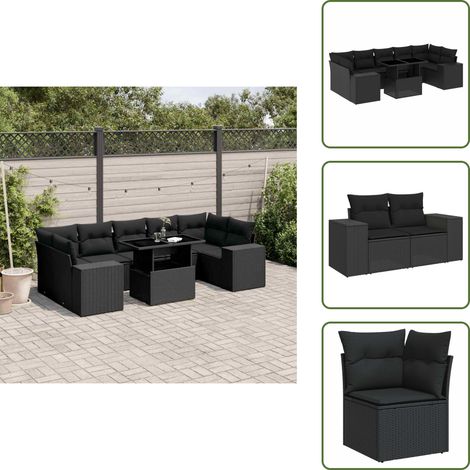 The Living Store Salon de jardin 8 pcs avec coussins noir résine tressée - Ensemble Salon De Jardin - Meuble Extérieur - Jardin Design - Mobilier De Jardin - Chaise Longue (1/5)