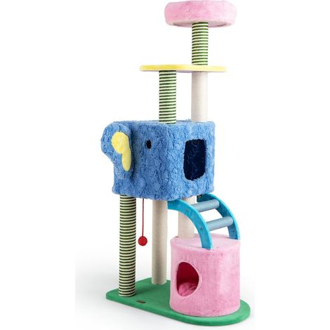 Katzenbaum mit Elefantenmotiv, 2 Höhlen, gepolsterter Liegefläche, Kratzstämme