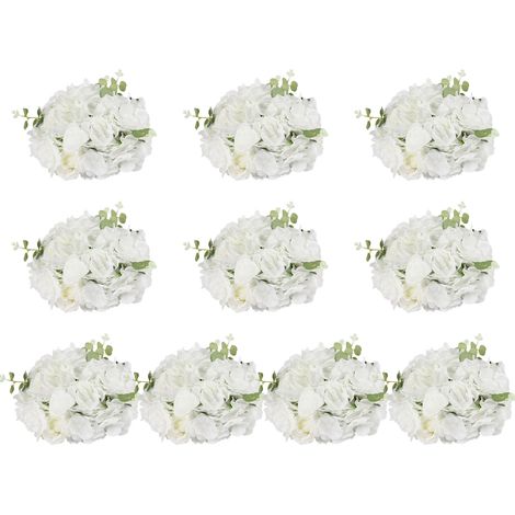 Lot de 10 boules de fleurs artificielles blanches, roses et hortensias en tissu soie, faux bouquets florales décoratif, centre de table pour mariage, fête, réception et intérieur (40x20 cm) (1/5)