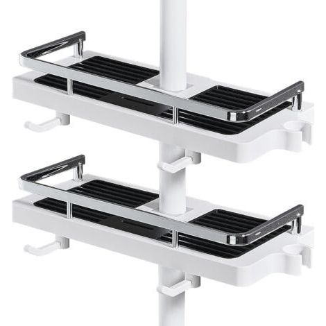 No Drilling Shower Shelf for Shower Bar with Head Holder, Bathroom Storage Shelf for Shampoo and Soap and 2 Hooks for 21-25mm Shower Bar (1/5)