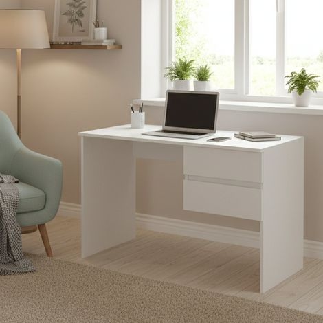 Dmora - Escritorio Carpino, Escritorio lineal con 2 cajones, Mesa de estudio multiusos y que ahorra espacio, 100% Made in Italy, 110x53h76 cm, Blanco, con embalaje reforzado (1/4)