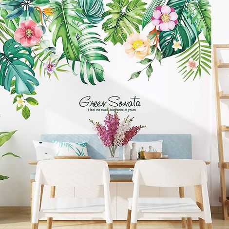 Stickers muraux Fleurs tropicales et feuilles vertes - Décoration murale amovible, imperméable et à faire soi-même pour le salon, le bureau et la chambre (1/5)