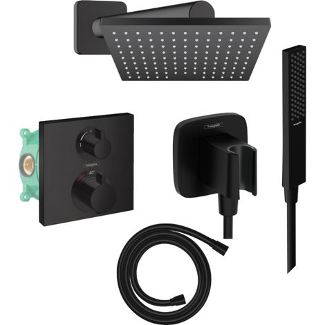 Columna de ducha termostática HANSGROHE Ecostat Square Ducha fija Vernis Shape Flexible Isiflex Pulsify E teleducha negro mate