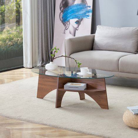 Table d'appoint ovale moderne en verre trempé – Design multifonctionnel. Structure en forme d'éventail. Pieds en MDF avec finition effet bois noir. Idéale pour les salles à manger, les bureaux, etc. (1/5)