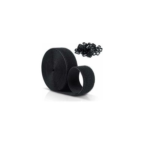 Reusable nylon Velcro® straps – 10 m × 25 mm, black, pack of 50 with plastic buckles, adjustable and no cutting required