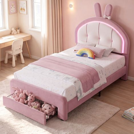 Lit Enfant 90x200, lit princesse fille Velours avec LED, Lit Fille Design Lapin avec Tête de Lit Réglable, Lit Simple avec Grand Tiroir de Rangement sur Roulettes (1/5)
