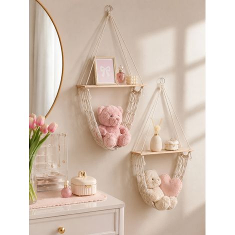 (M03569-2pc) Étagère murale bohème en macramé avec panier en filet, étagère flottante en bois pour la décoration de la maison, de la chambre au salon, et le rangement de la cuisine. Idée cadeau. (1/5)