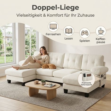 Canapé d'angle 4 places en velours côtelé, convertible avec méridienne, dossier inclinable, canapé-lit moderne pour salon ou bureau, beige. (1/5)
