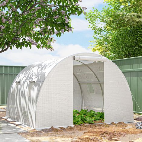 Serre de jardin tunnel 9 m² 4 fenêtres, porte zippée enroulable châssis acier galvanisé, bâche PE 3 x 3 x 2 m blanc (1/5)