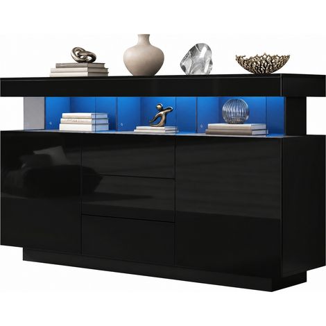Buffet bas moderne noir brillant 140 x 35 x 80 cm avec LED, 3 tiroirs, 2 portes, rangements ouverts et finition acrylique pour salon, cuisine - CHICFURN (1/5)