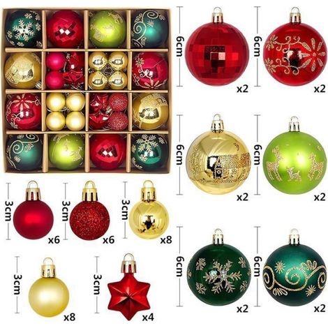 44 boules de Nol décoratives, boules à paillettes incassables en plastique, à suspendre au sapin(rouge, vert, or) (1/5)