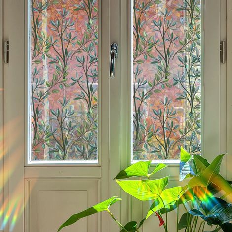 Fensterfolie Ohne Kleber Blickschutz 30cm x 2m – Statische Dekorfolie mit Blatt- und Mondmotiv, Privatsphäre für Bad und Balkon, Durchscheinend aber Undurchsichtig, mit Installationswerkzeugen-lsw