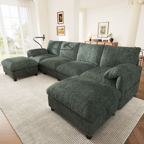 Canapé d’angle modulable en U/L 6 places en chenille verte, 2 poufs de rangement (1/5)