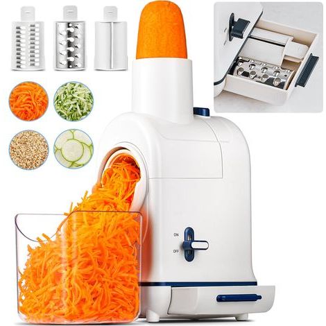 Râpe a Légumes Électrique, Râpe Electrique pour râper et émincer avec une grande fente pour râper les carottes entières, les pommes de terre, 3 lames et un moteur silencieux-Mise à jour (1/5)