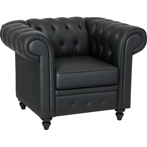 Poltrona da Salotto Stile Chesterfield in Finta Pelle PU con Gambe in Legno, Nero (1/4)