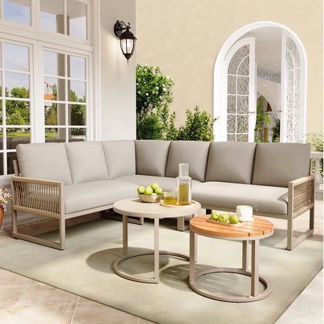 Conjunto de muebles de jardín de metal y poliéster beige, 1 sofá esquinero modular con 2 mesas, cojines y patas ajustables (1/5)