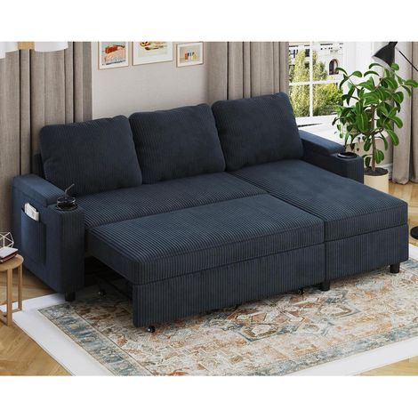 Ecksofa mit Schlaffunktion, Bettkasten und Veloursbezug, 200cm, Blauschwarz (1/5)