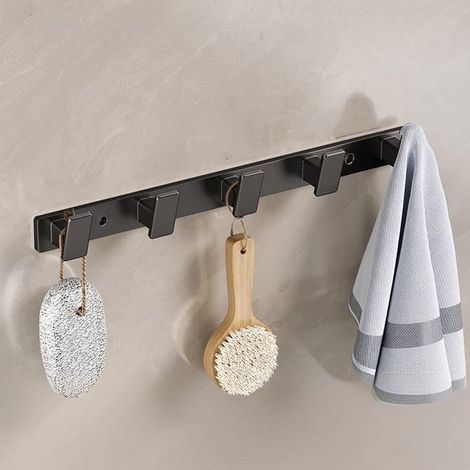 Ganchos sin taladrar, perchero detrás de la puerta principal, ganchos de pared, negro, 5 ganchos (1/4)