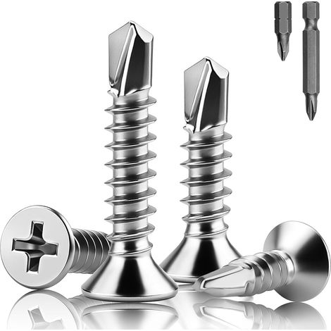 200 Pièces Vis Autoforeuse Metal M4.2 x 25 mm Autoforeuse Inox 410 Tête Fraisée Vis Autoperforante Pointe de Forage Autoperceuses pour Tôle Plastique Bois (1/5)