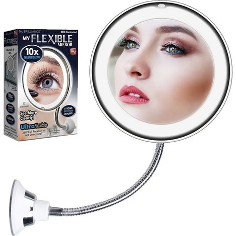 Miroir de maquillage LED avec ventouse, rotation à 360 degrés, fixation murale, grossissement x10, adapté aux salles de bain et aux surfaces vitrées. (1/5)