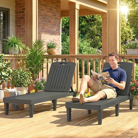 Set aus 2 Gartenliegen aus PP-Kunststoff mit Seitentablett, 5 Liegepositionen, grau