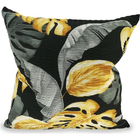 Funda de almohada de corteza negra de 40x40 cm con hojas exóticas grises y doradas.