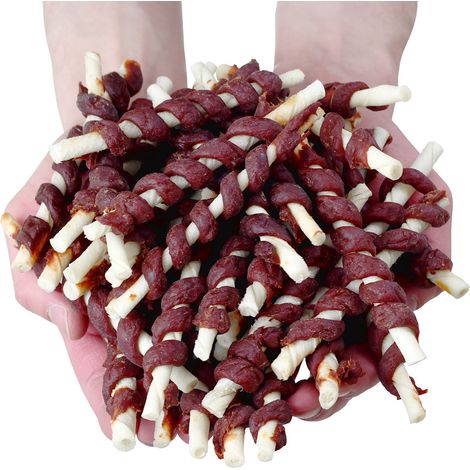 Snack per cani: bastoncini di cuoio ricoperti di pasta di manzo, Woof & Miau, 500 g
