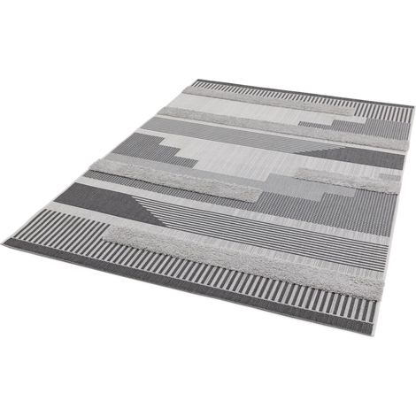 Outdoor Rug Geometric Monty Flatweave Rug for Garden, Patio, Picnic, Backyard, Living Room Black Grey Rug in Large 160x230 cm (5'3"x7'7")