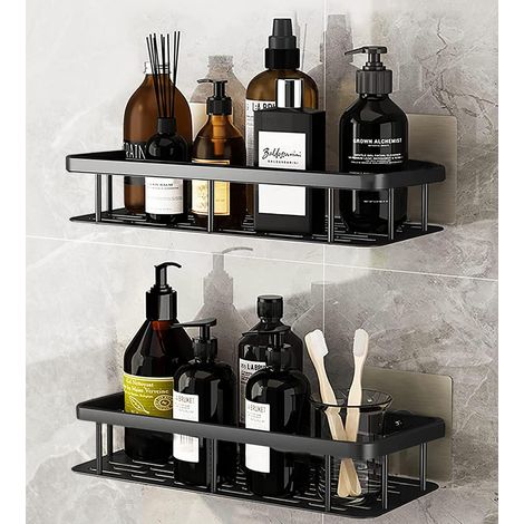 Etagère Douche sans Perçage en Aluminium Aéronautique, Rangement Salle de Bains Antirouille, Étagères salle de bain Auto-adhésif, Etagere de Douche sans Percage avec 4 Crochets - Noir (1/5)
