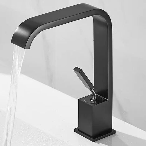 Grifo de lavabo cascada negro con caño alto, grifo mezclador de latón para baño (1/4)