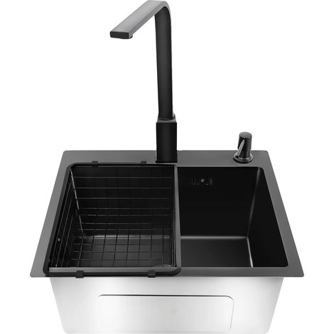 Ensemble d'évier de cuisine, robinet pivotant à 360°, design à cuve unique, noir (1/2)