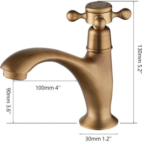 Robinet laiton ancien à eau froide – Poignée croisée rotative, pose sur plan – Lavabo vintage authentique (1/5)