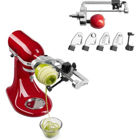 KitchenAid Spiralschneider, 5-teiliges Schäler-Set mit Schalen-, Kern- und Schneideaufsatz, Silber MUMU