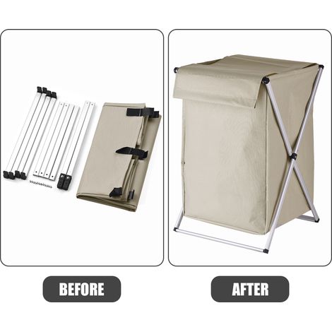 Tragbarer und faltbarer Wäschekorb mit Deckel – Aluminiumrahmen – Oxford-Gewebe – 58 x 38 x 38 cm – 596 g – Schwarz/Weiß/Beige