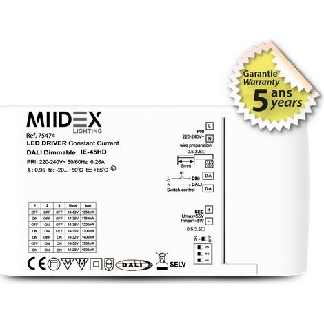 Alimentation pour LED 14-43VDC DALI II PUSH 45W 1050-1600mA - Garantie 5 ans Miidex Lighting® (1/3)