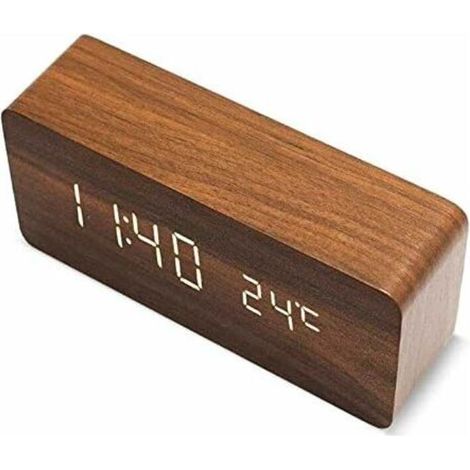 Réveil moderne en bois - LED Réveil en Bois Numérique Réveil Bureau Date Température Affichage Humidité 12/24 Heure - Pour la maison, la chambre à coucher, le bureau (Marron) (1/3)