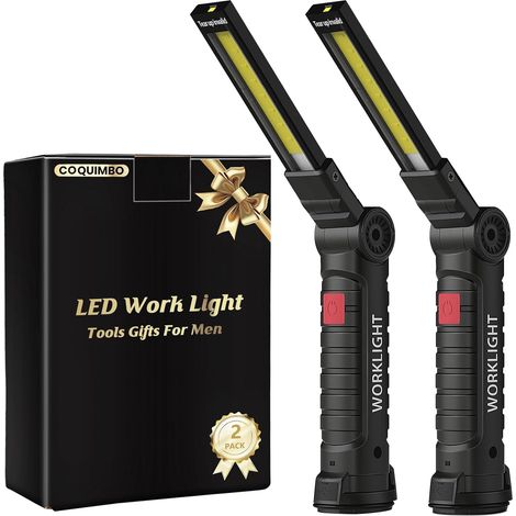 Cadeau Homme, Lampe de Poche Lampe de Travail Rechargeable Lampe Atelier COB Torche avec Base Magnétique 5 Modes Camping Lampe pour Garage, Camping, d'Urgence, etc (Noir) (1/5)