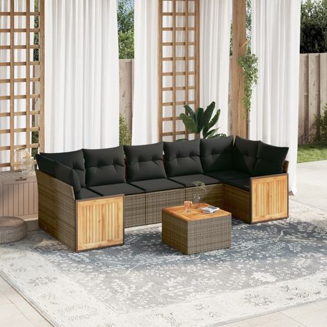 Ensemble Modulable Salon Jardin 8 Places en Résine Tressée Gris - Coussins et Table Acacia Inclus (L59x62x69/P55x55cm) (1/5)